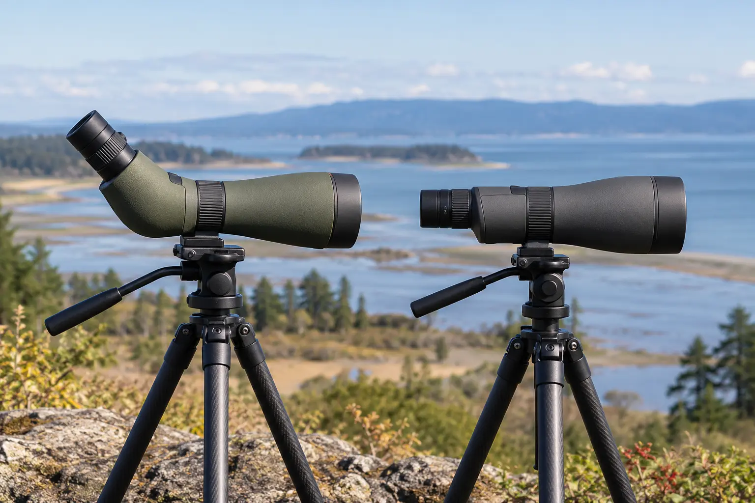 Angled and straight spotting scopes on separate tripods at a coastal overlook