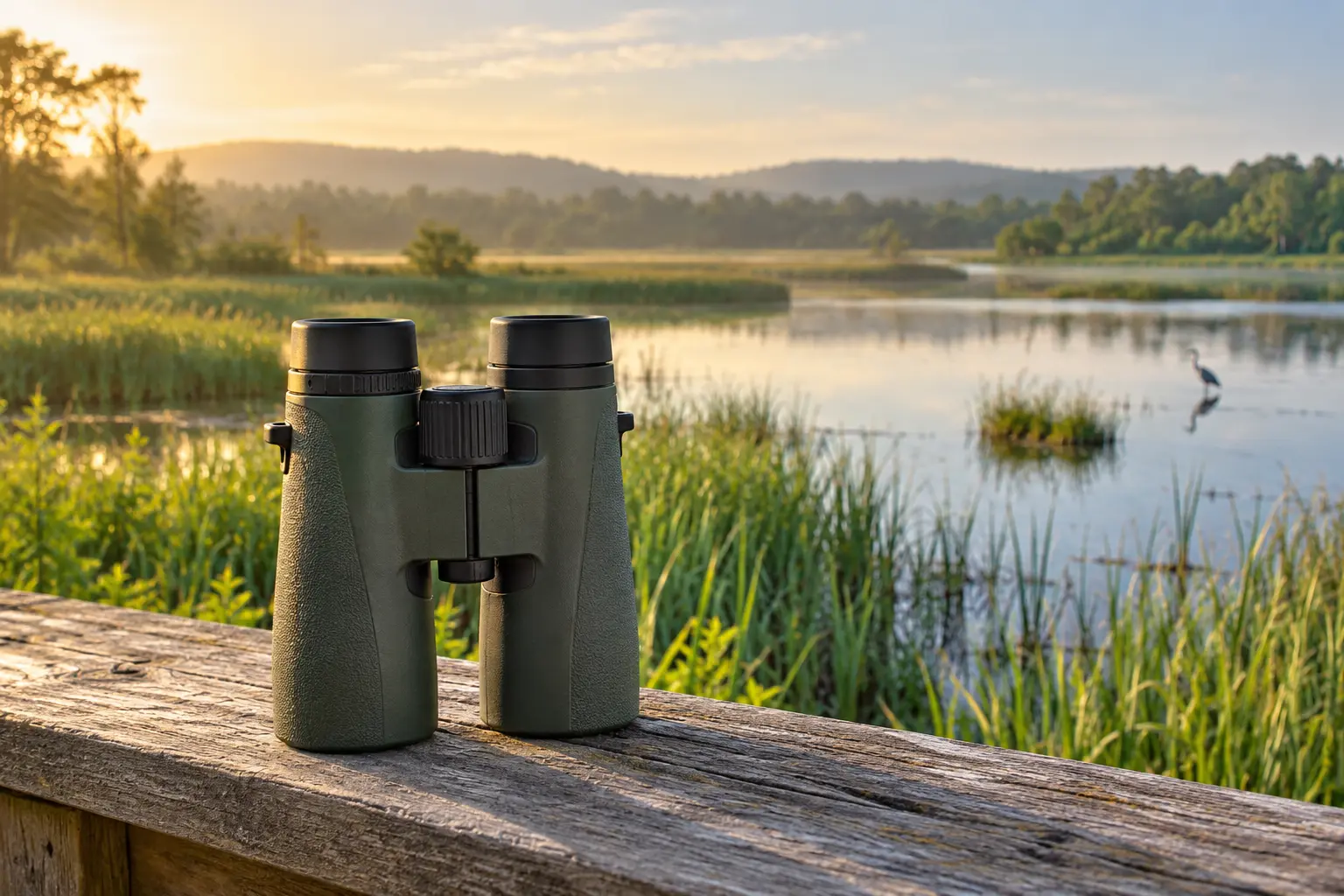 Full-size birding binoculars overlooking a lakeside reedbed