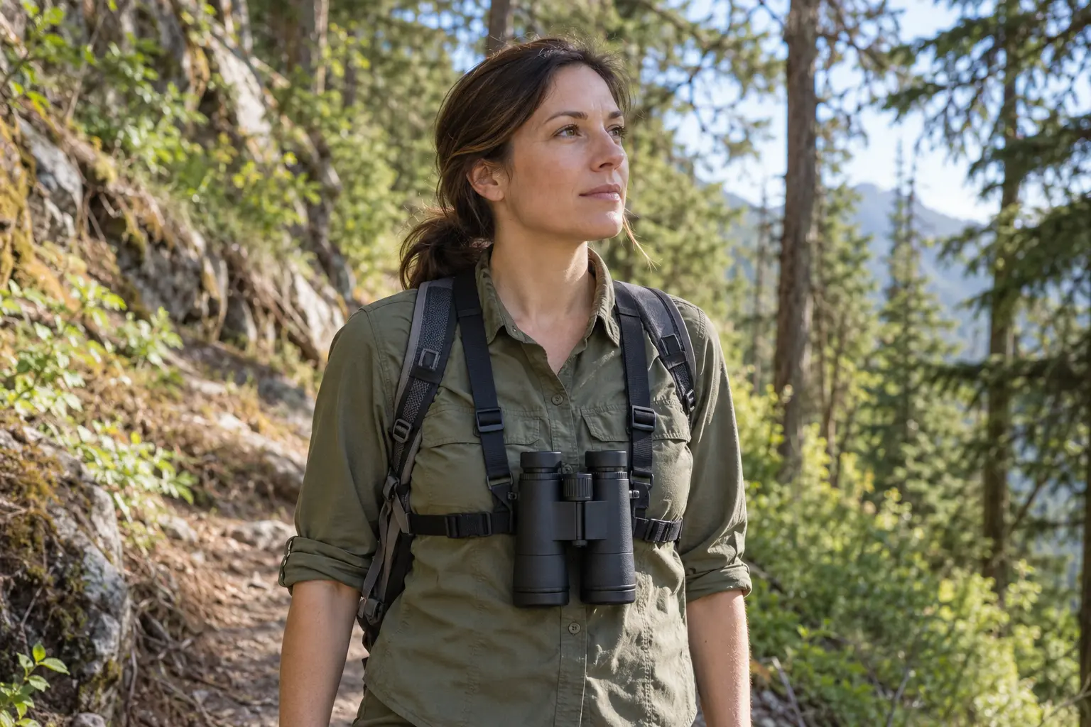 A birdwatcher carrying binoculars in a fitted chest harness on a forest trail