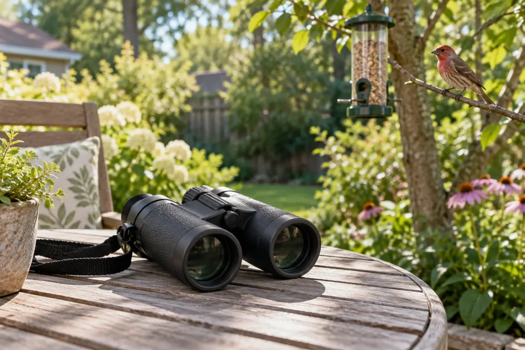 Binoculars on a patio table with a bird feeder in the garden