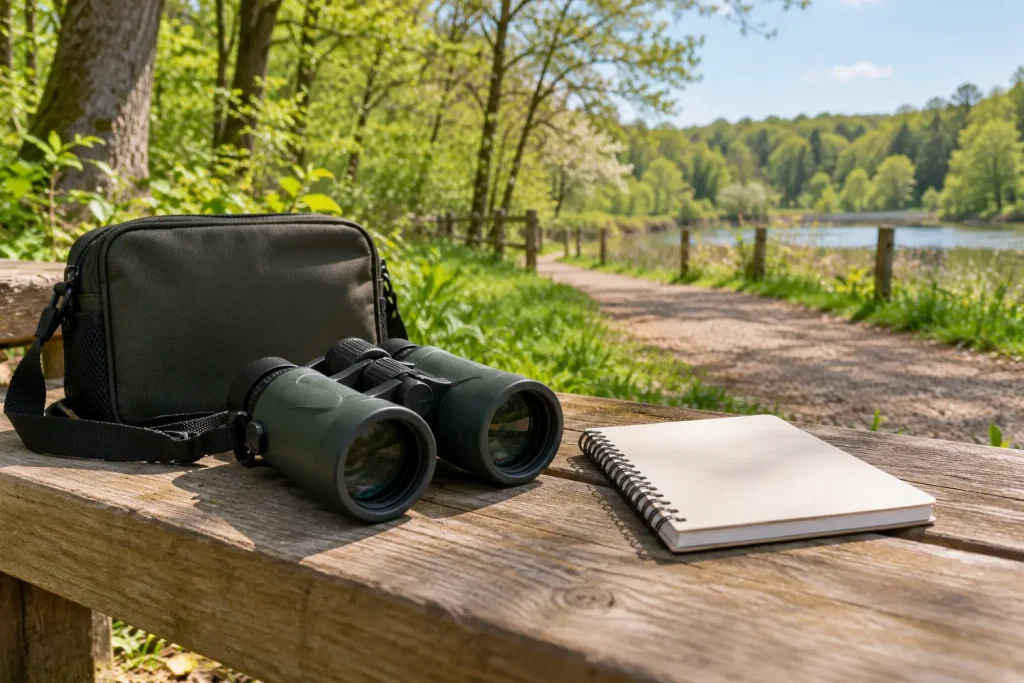 Binoculars, a carrying case and a notebook beside a park birdwatching trail