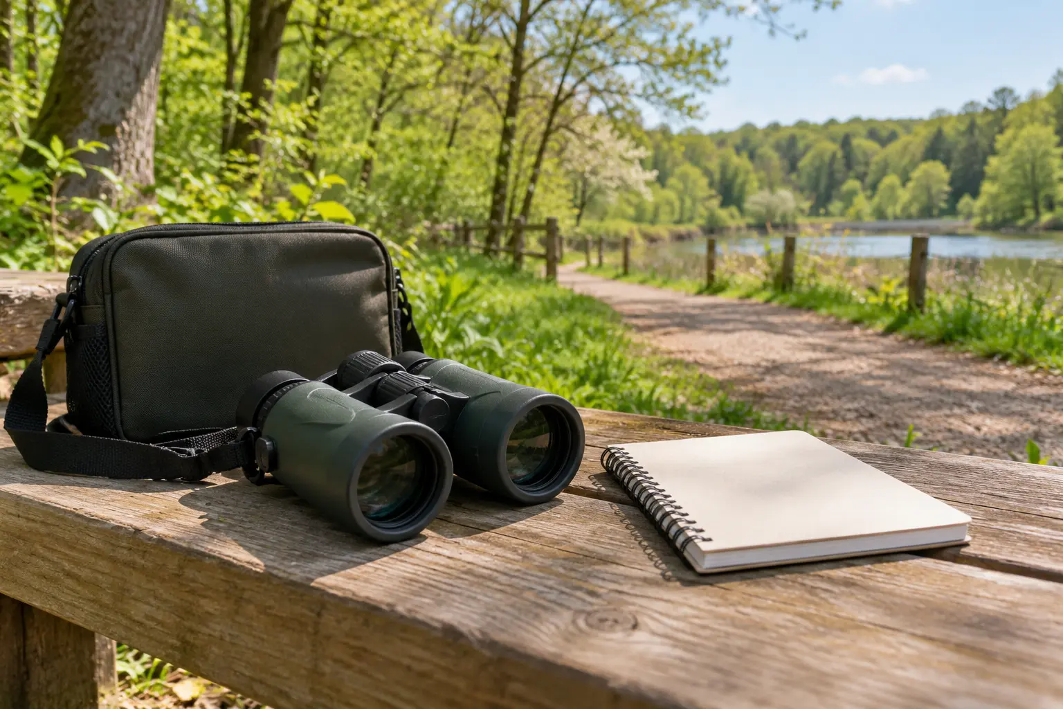 Binoculars, a carrying case and a notebook beside a park birdwatching trail