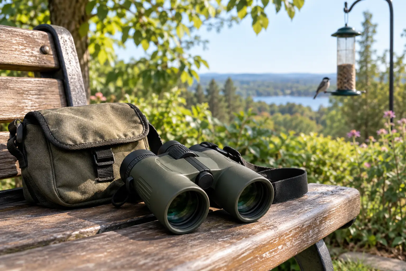 Everyday birdwatching binoculars and a cloth carrying pouch on a park bench