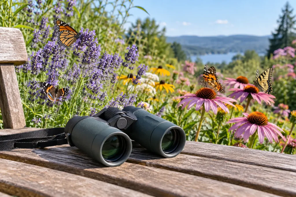 Close-focus binoculars beside a garden of lavender, flowers and butterflies