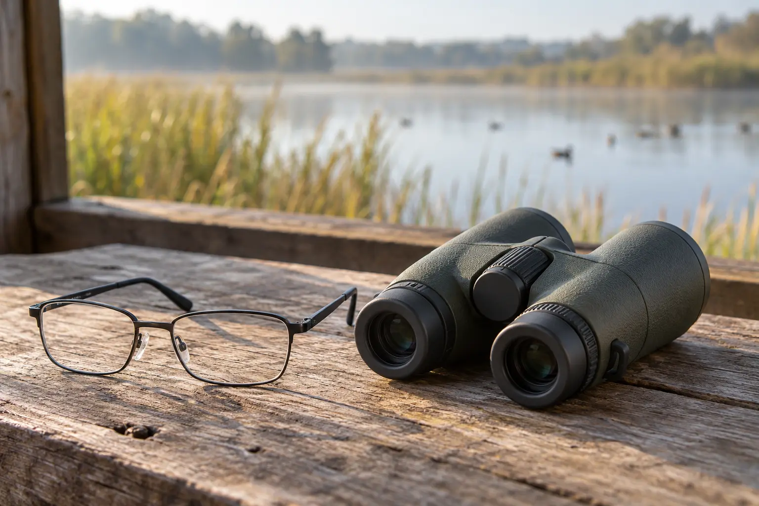 Prescription eyeglasses beside binoculars with retracted eyecups on a lakeside table