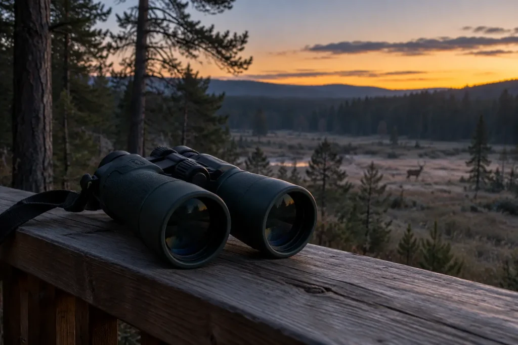 Binoculars overlooking a quiet woodland clearing in dim dawn light