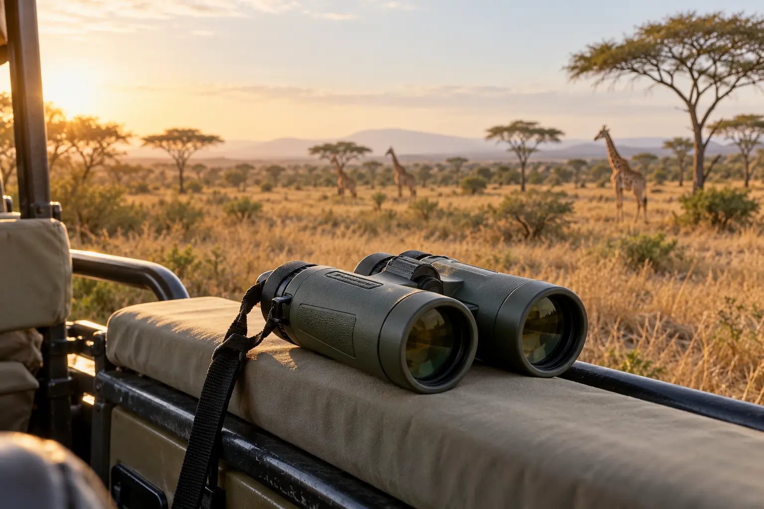 Compact binoculars on a safari vehicle rail with distant giraffes in the savanna