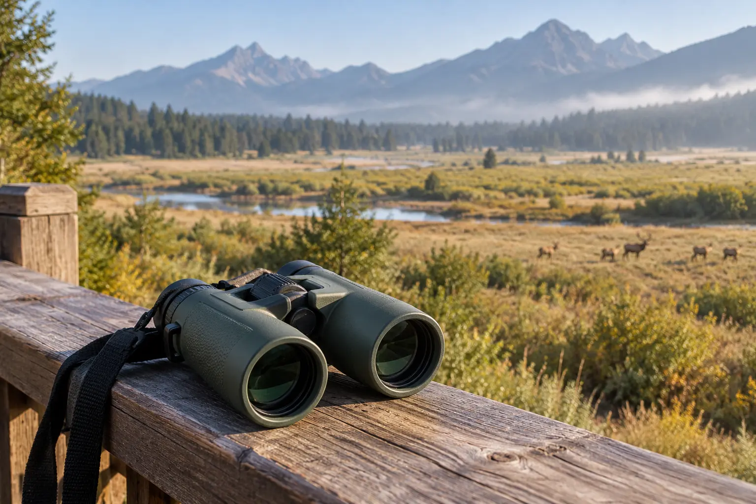Binoculars on a viewing-platform rail overlooking distant deer in a meadow