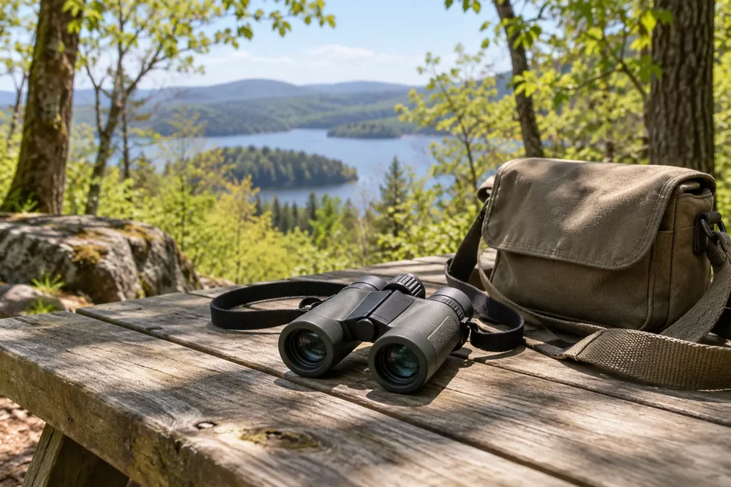 Compact binoculars beside a small canvas shoulder bag on a woodland table