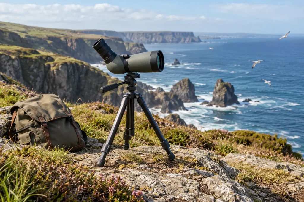 A compact spotting scope and travel tripod at a coastal overlook