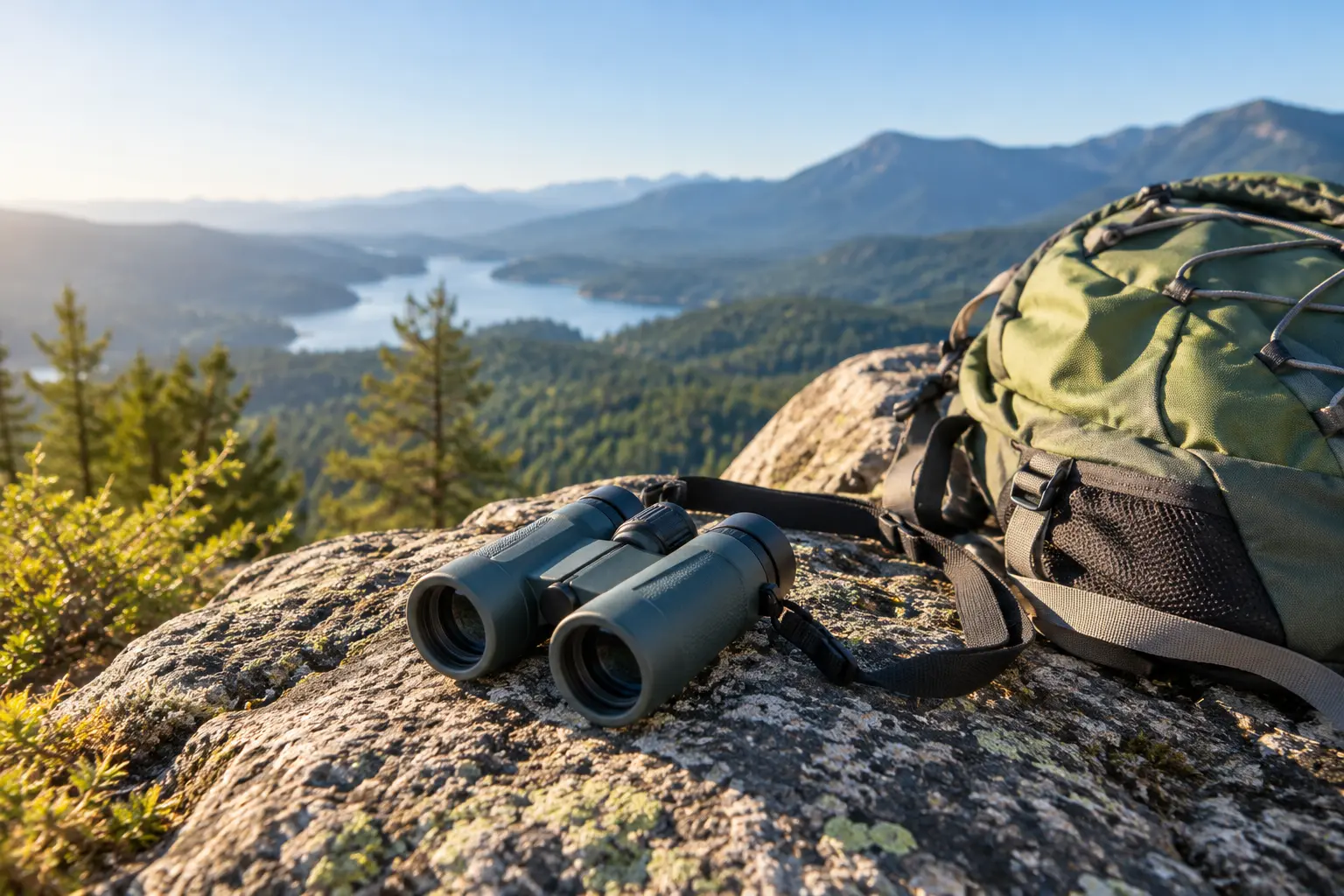 Compact binoculars and a small hiking backpack at a mountain viewpoint