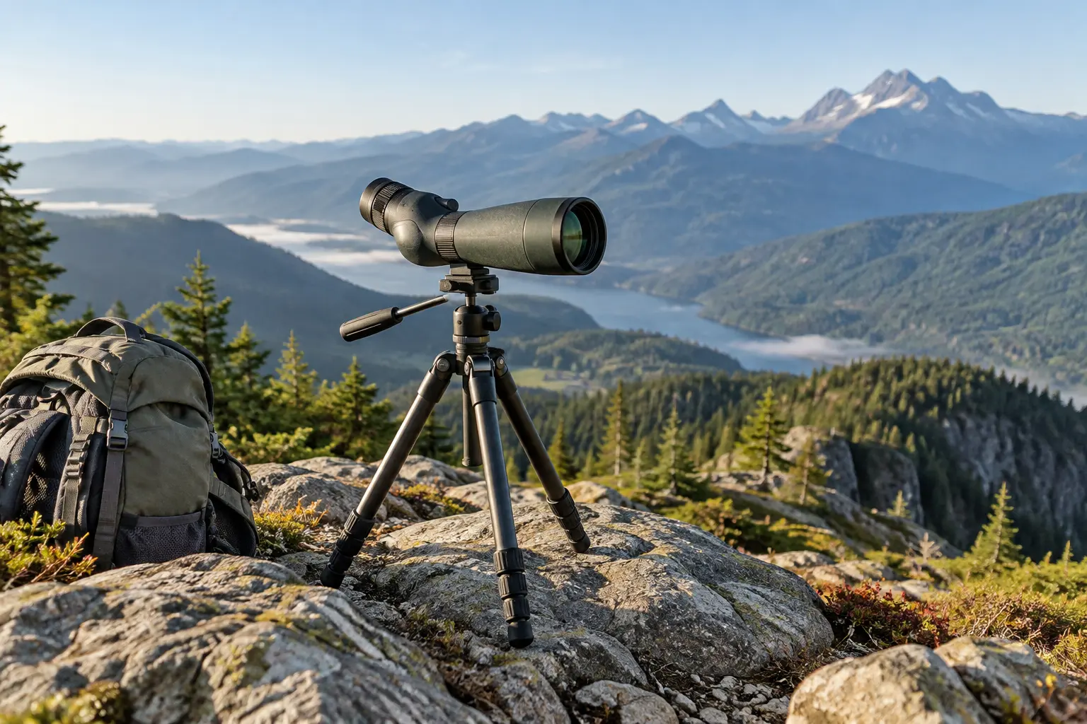A compact spotting scope and stable travel tripod on a mountain trail