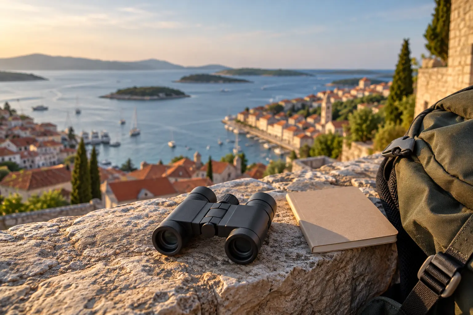 Folded pocket binoculars and a travel bag overlooking a coastal town