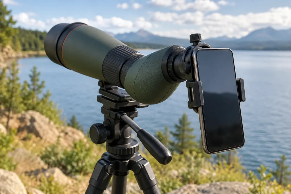 A smartphone clamped to a spotting scope eyepiece with a digiscoping adapter