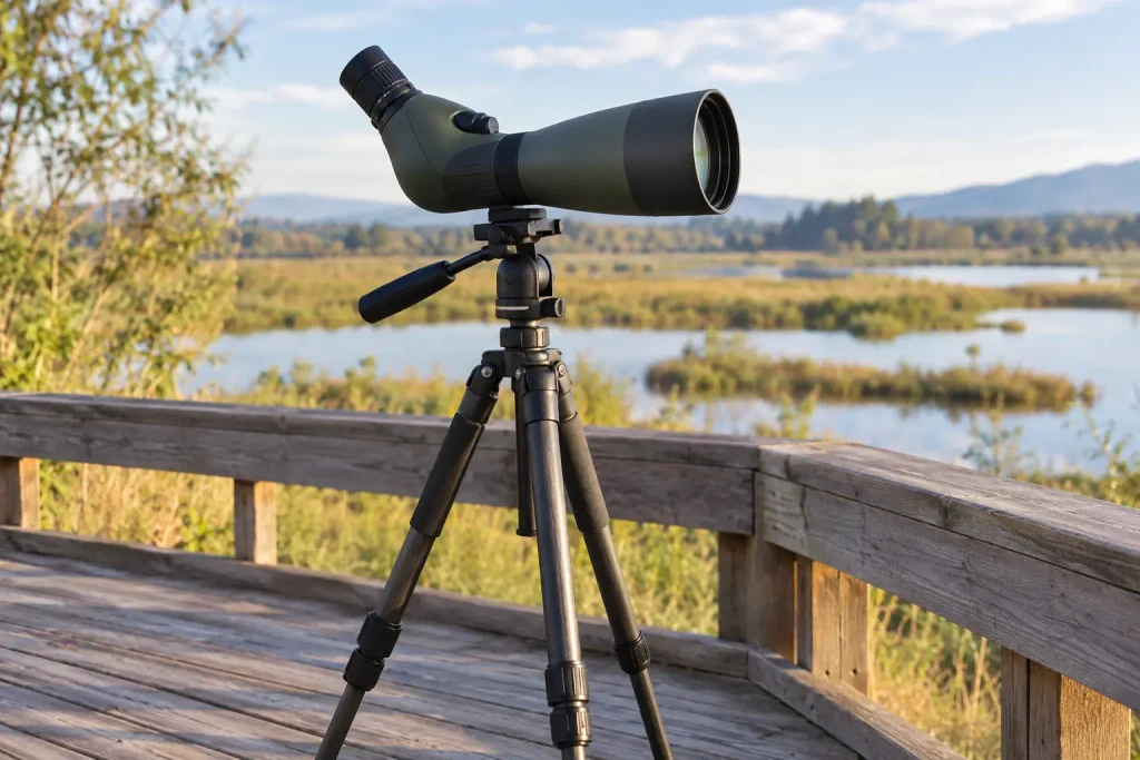 A spotting scope secured to a pan-and-tilt tripod head on a viewing deck