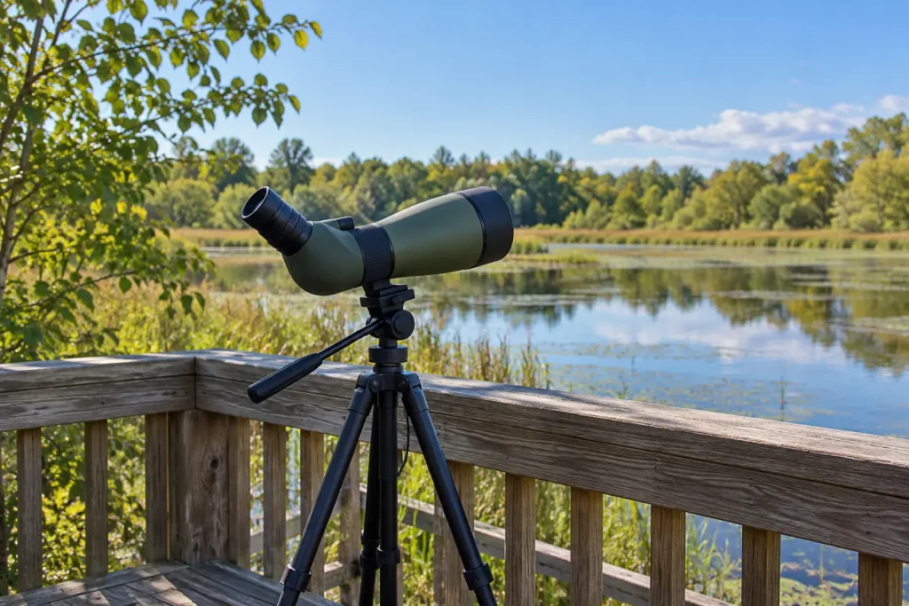 A simple spotting scope and tripod at an accessible park viewing platform