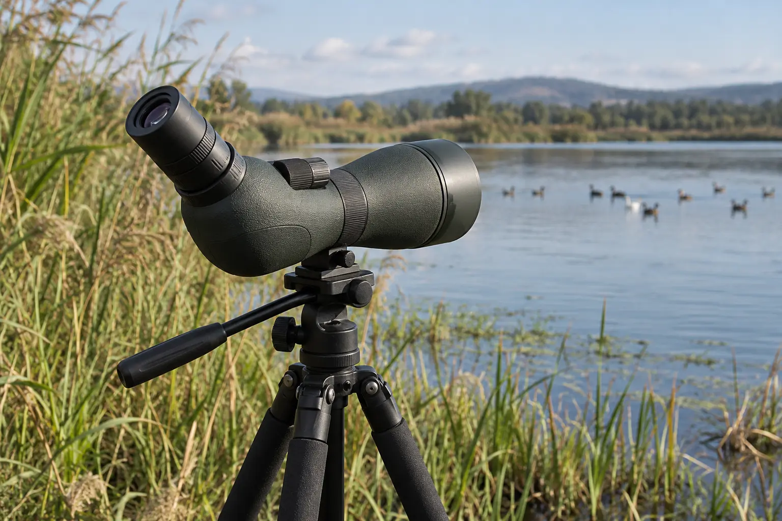 An angled birdwatching spotting scope on a tripod beside a reed-fringed lake