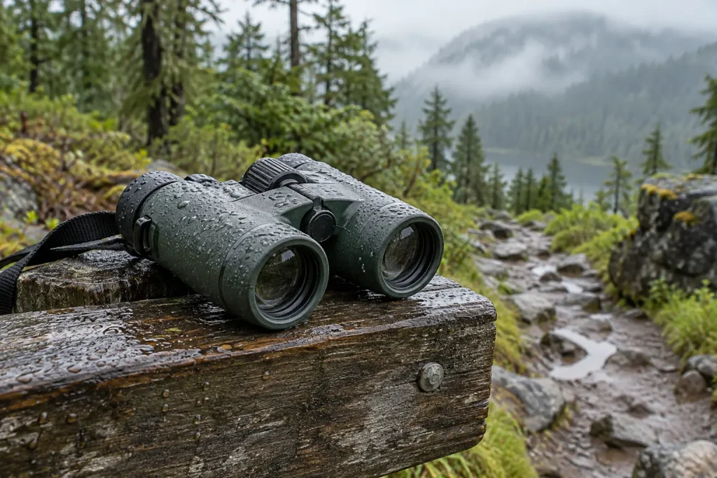 Rain droplets on compact binoculars beside a misty woodland hiking path