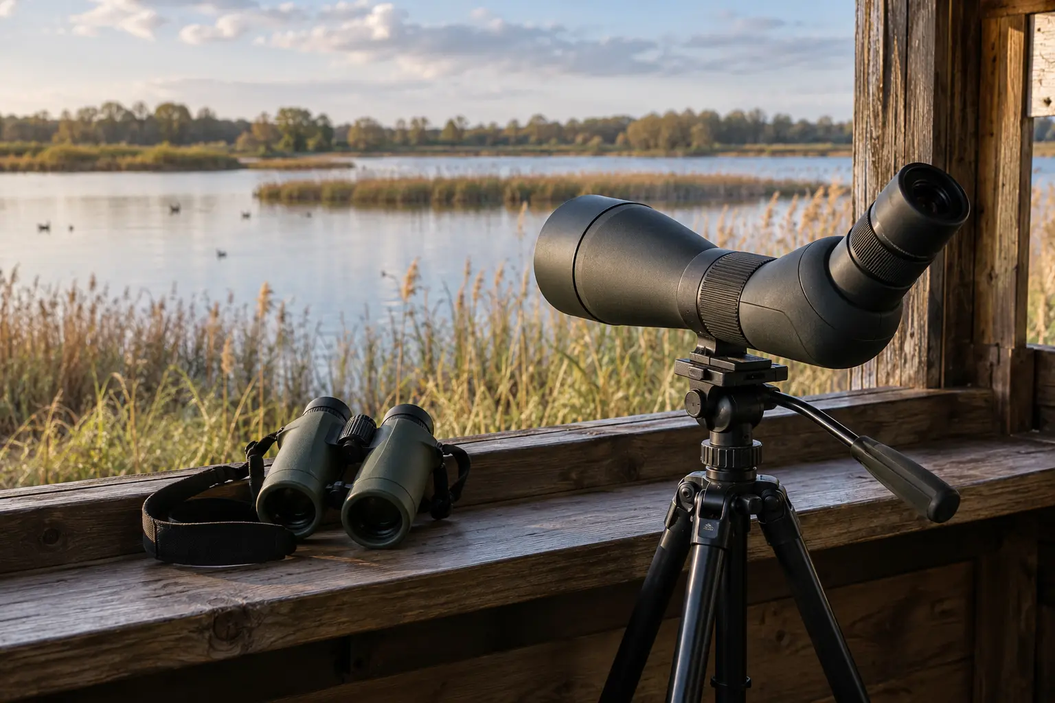 Handheld binoculars beside a tripod-mounted spotting scope at a bird hide