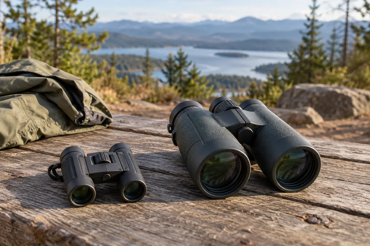 Small folding pocket binoculars beside a full-size pair on a picnic bench