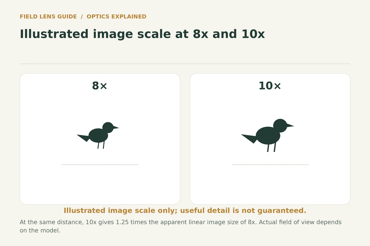 Schematic bird silhouettes showing the relative image scale at 8x and 10x
