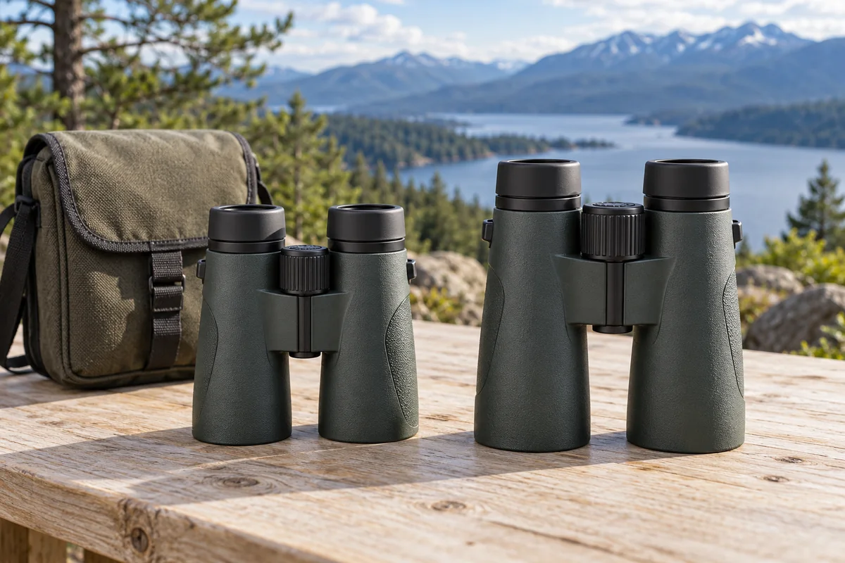 Two unbranded binoculars of different body sizes beside a hiking pouch