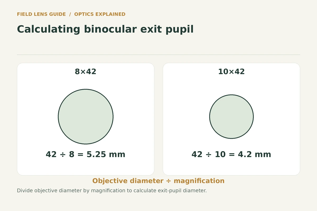 Worked examples calculating 5.25 mm for 8x42 and 4.2 mm for 10x42