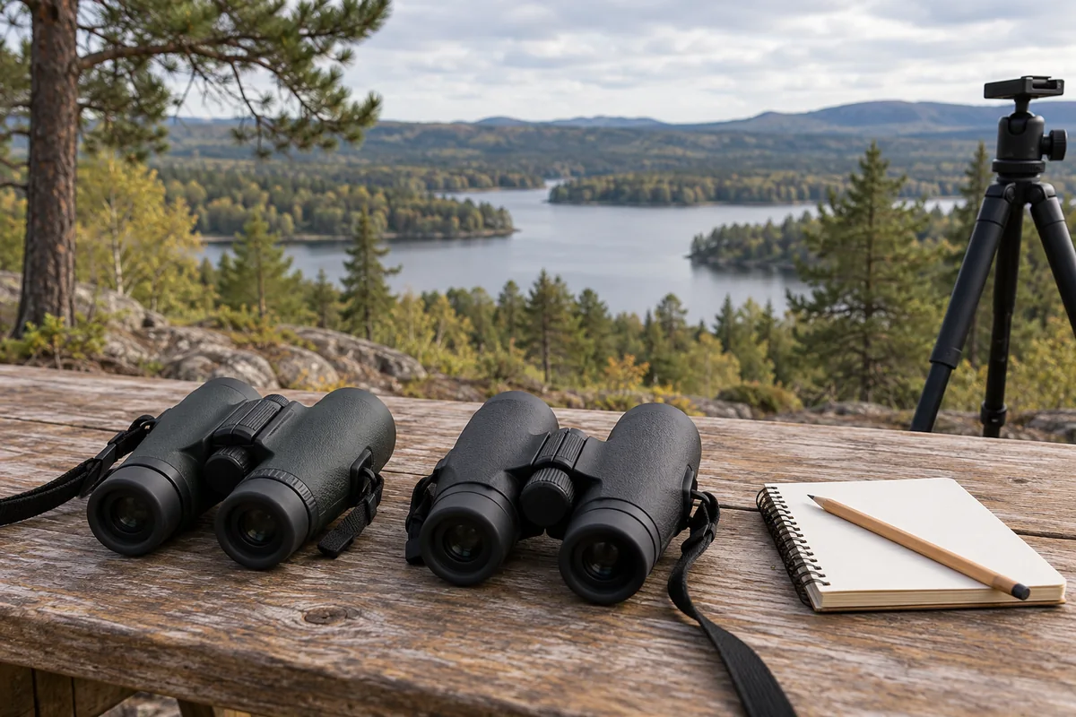 Two binoculars ready for comparison at the same outdoor viewpoint