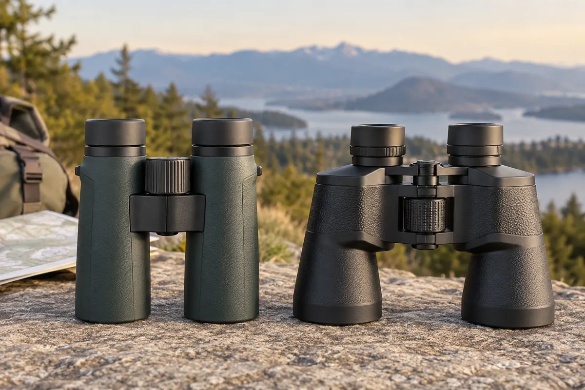 Straight-barrel roof binoculars beside wider offset-body Porro binoculars