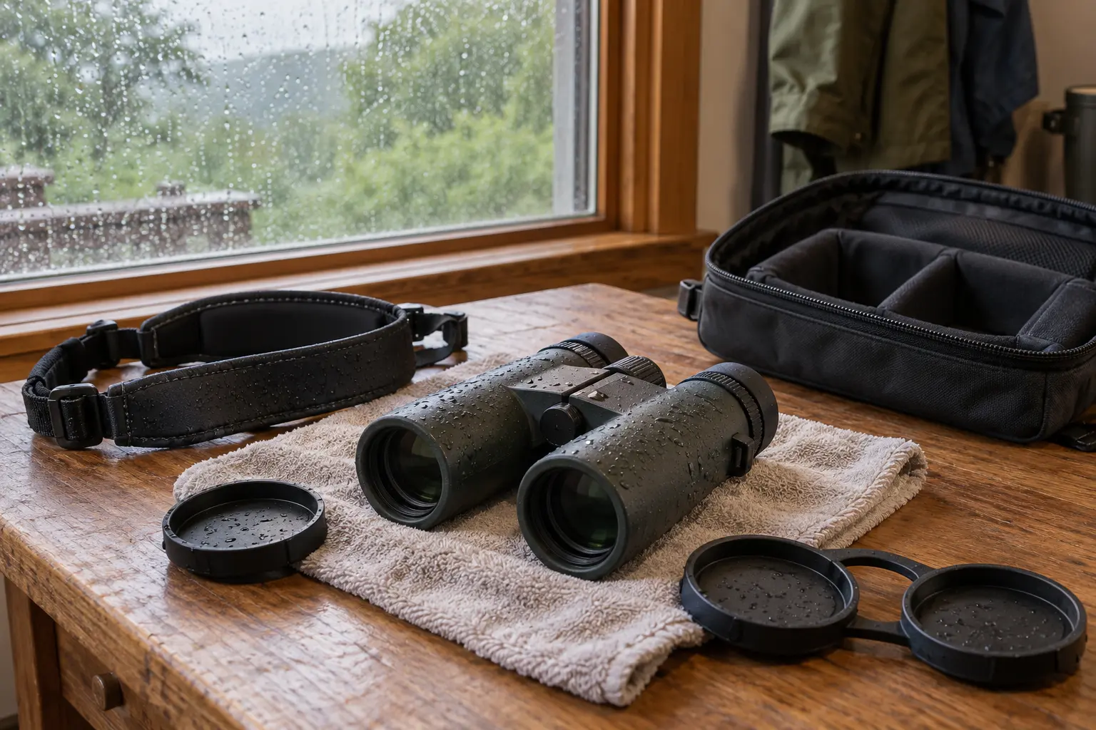 Damp binoculars drying beside an open padded case and removed lens caps