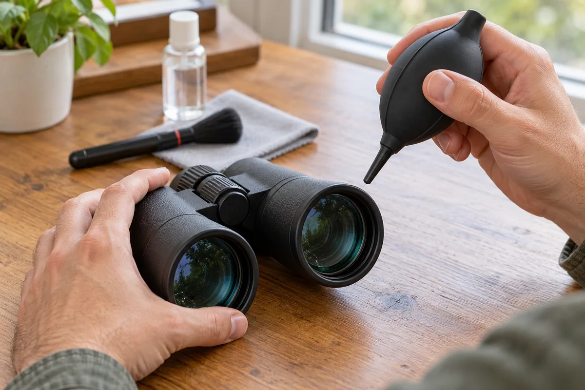 Rubber bulb blower held above a binocular objective without touching the glass
