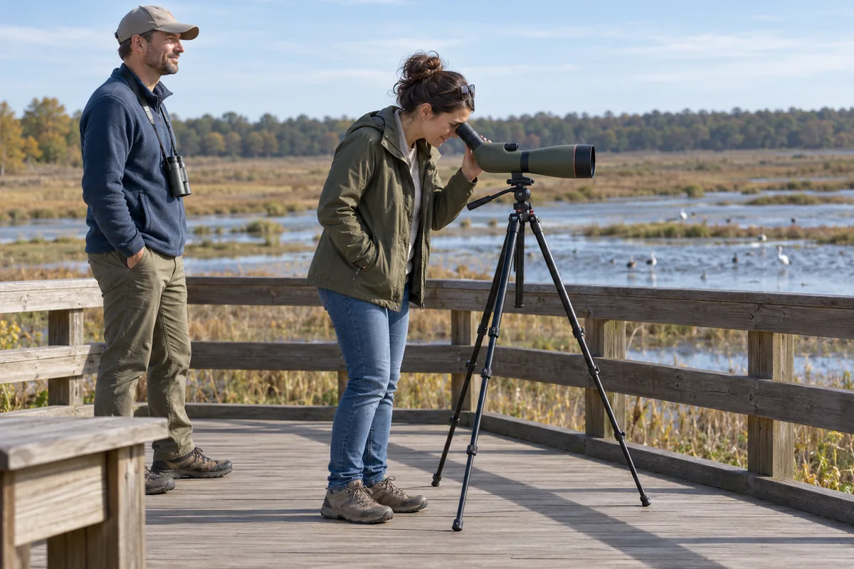 Two adults of different heights taking turns at an angled scope on a low tripod