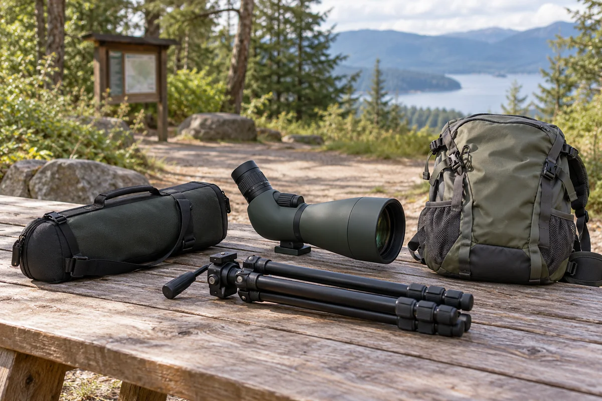 Compact spotting scope, folded tripod and padded case arranged beside a daypack
