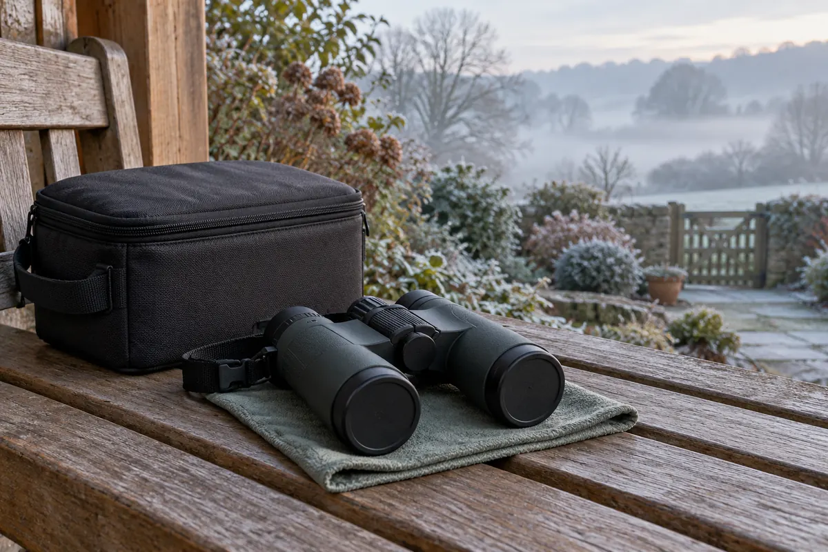 Closed binocular case resting on a sheltered outdoor bench on a cool morning