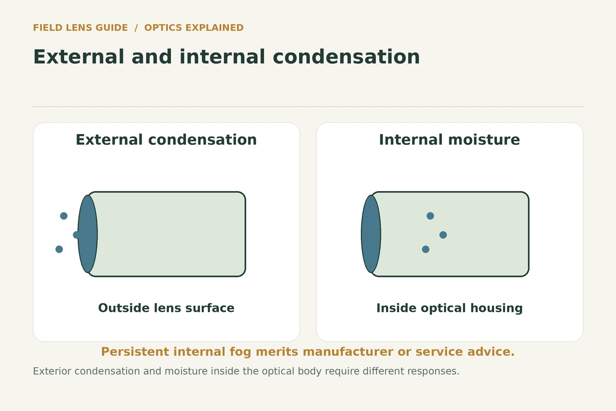 Two schematic lens housings showing condensation on an outside surface and inside a sealed body