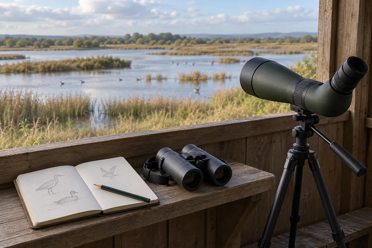 Notebook and pencil beside a spotting scope overlooking distant wetlands