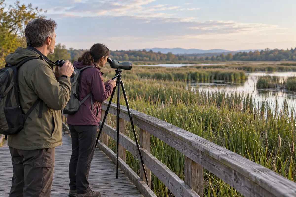 Two quiet observers staying on a boardwalk beside protected reed habitat