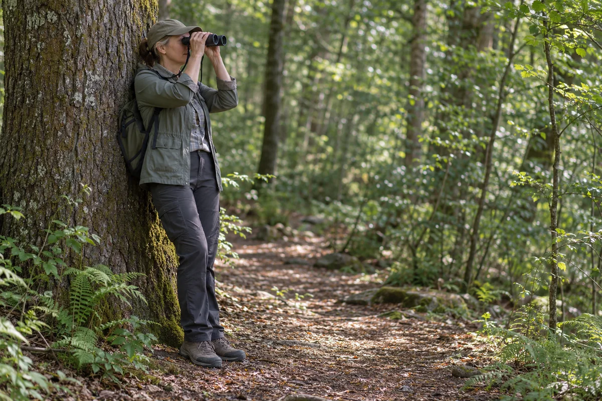 Observer gently resting a shoulder against a tree while viewing through binoculars