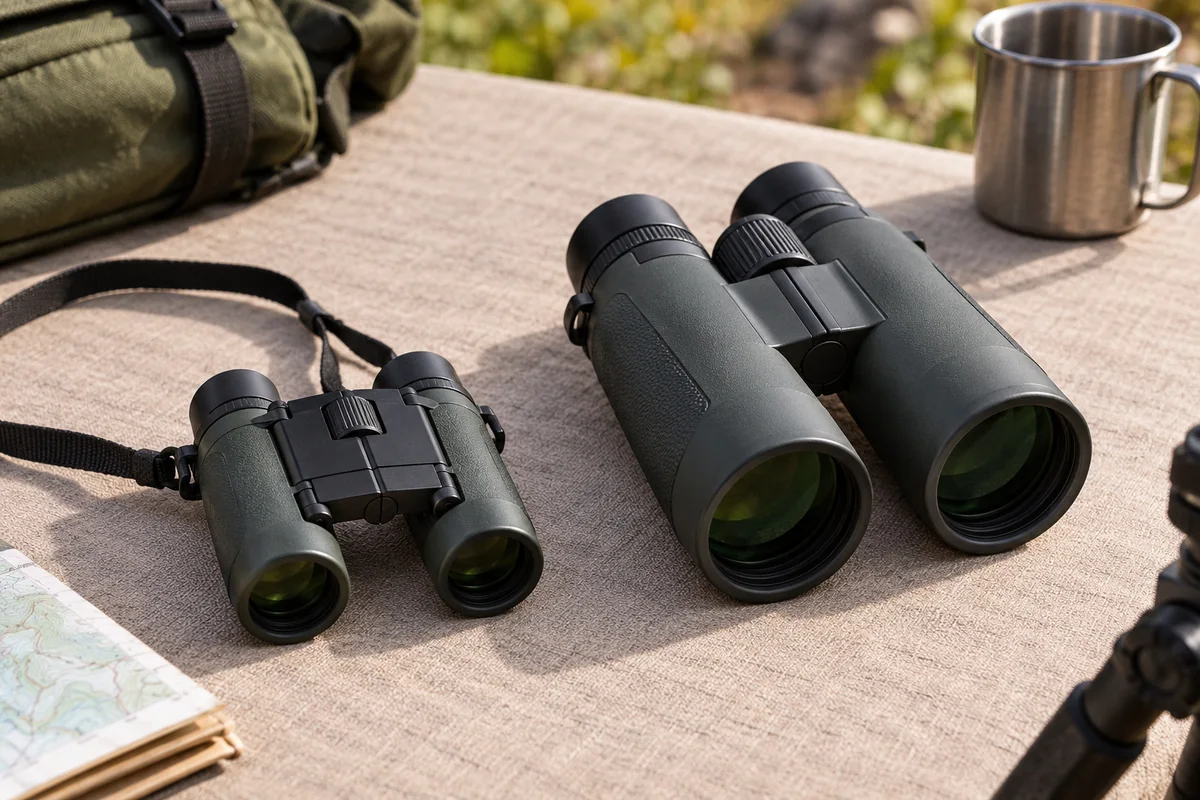 Pocket binoculars beside a larger full-size pair on a table