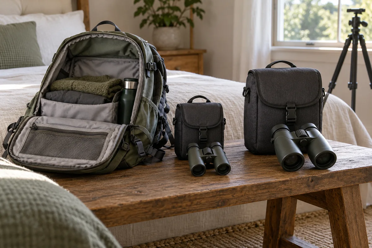 Compact binocular pouch and a larger binocular case beside an open daypack