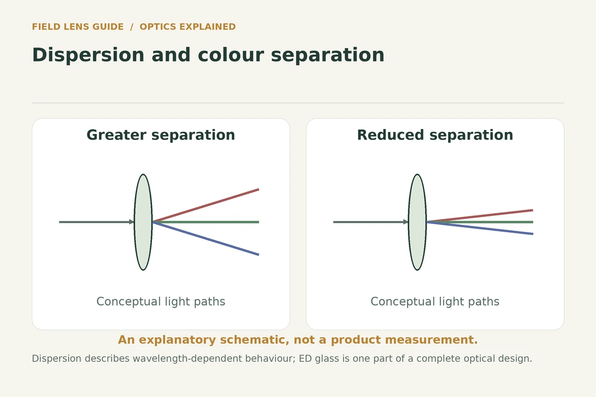 Schematic coloured light paths showing greater and reduced separation after a generic lens