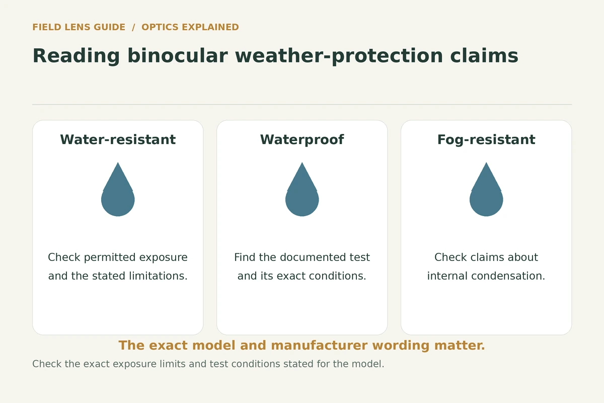 Three labelled cards distinguishing water resistance, documented waterproof tests and internal fog resistance