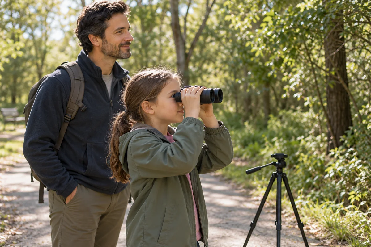 Child using small binoculars with an adult on a level park path