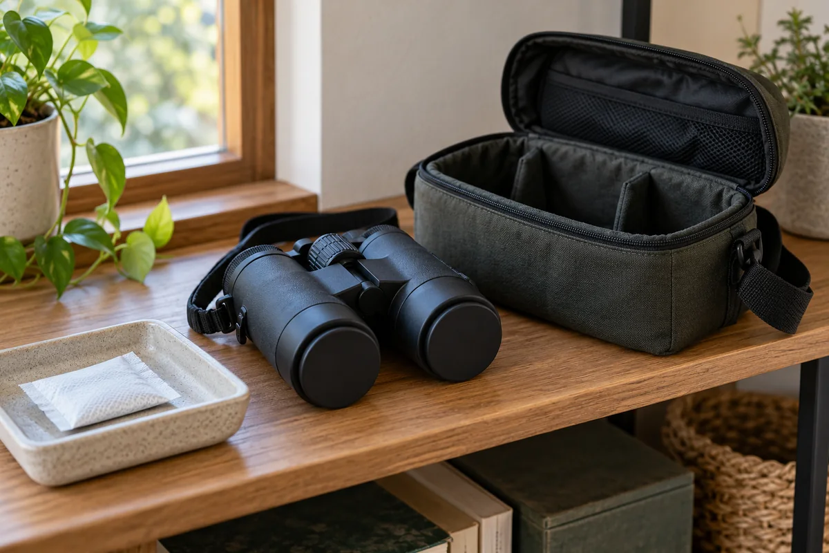 Dry binoculars and an open fabric case resting separately on a ventilated shelf