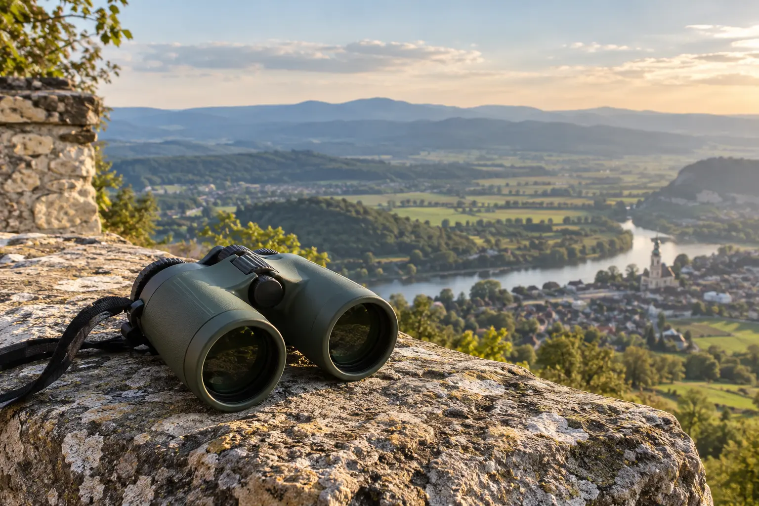 Binoculars on a stone lookout wall above a distant valley and hills