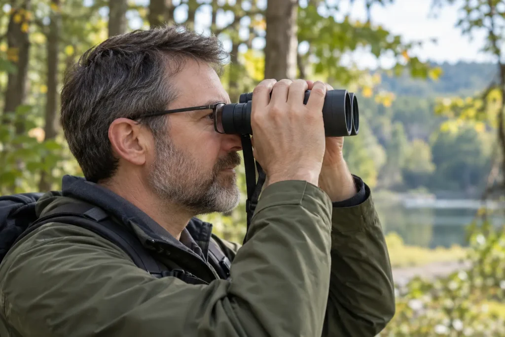 A birdwatcher using binoculars while wearing prescription glasses