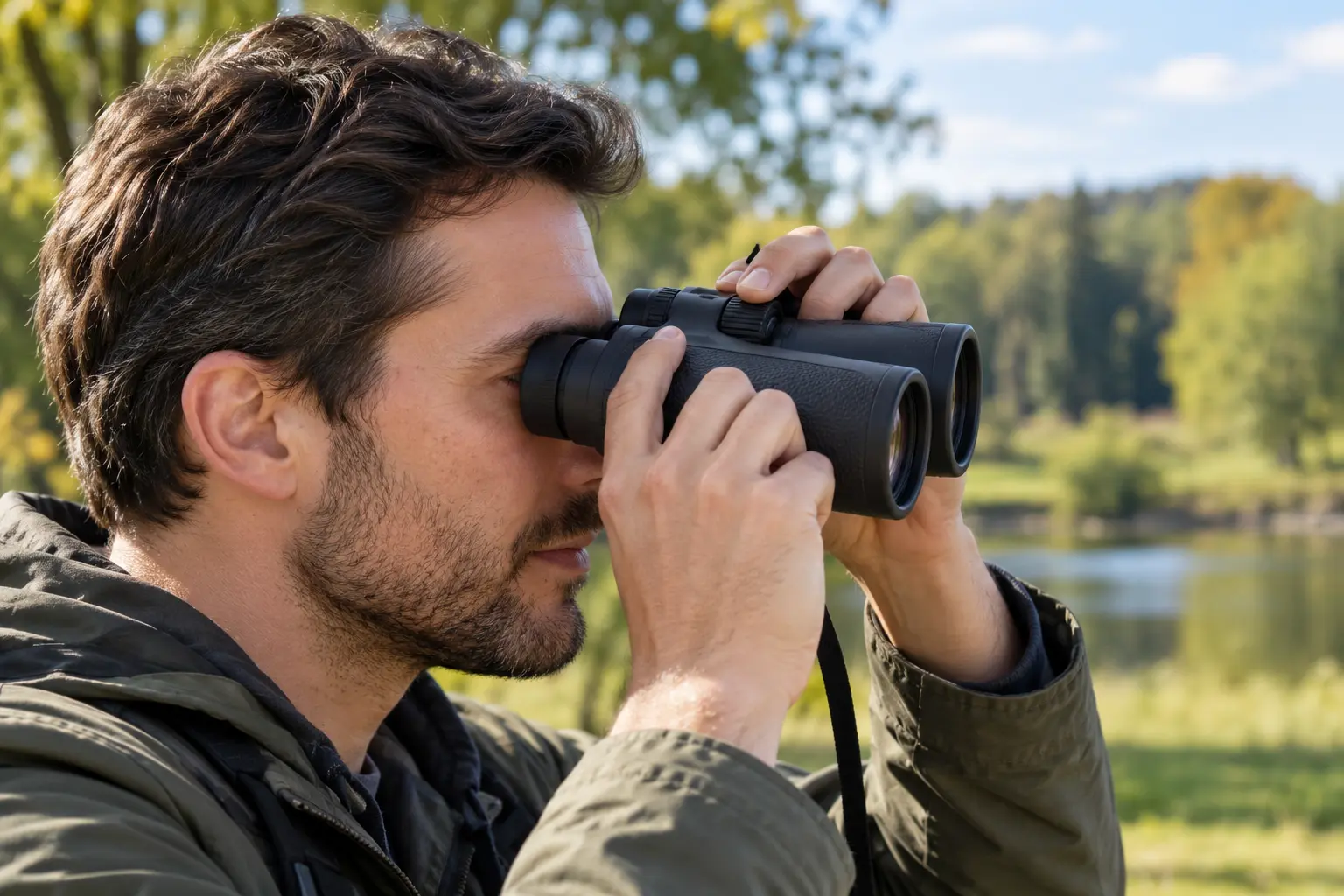 A birdwatcher adjusting the central focus wheel of binoculars