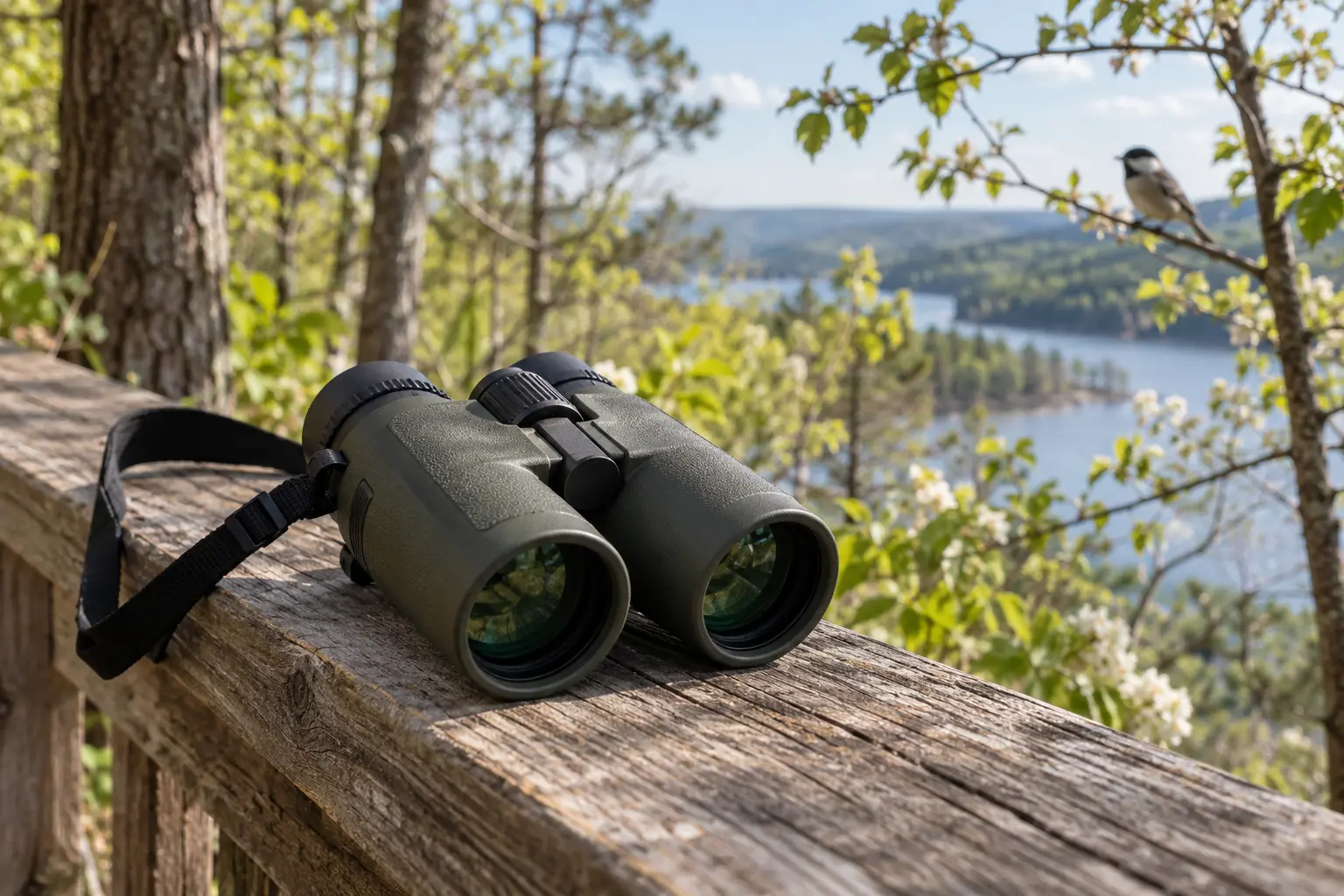 Birdwatching binoculars on a wooden railing beside a woodland trail