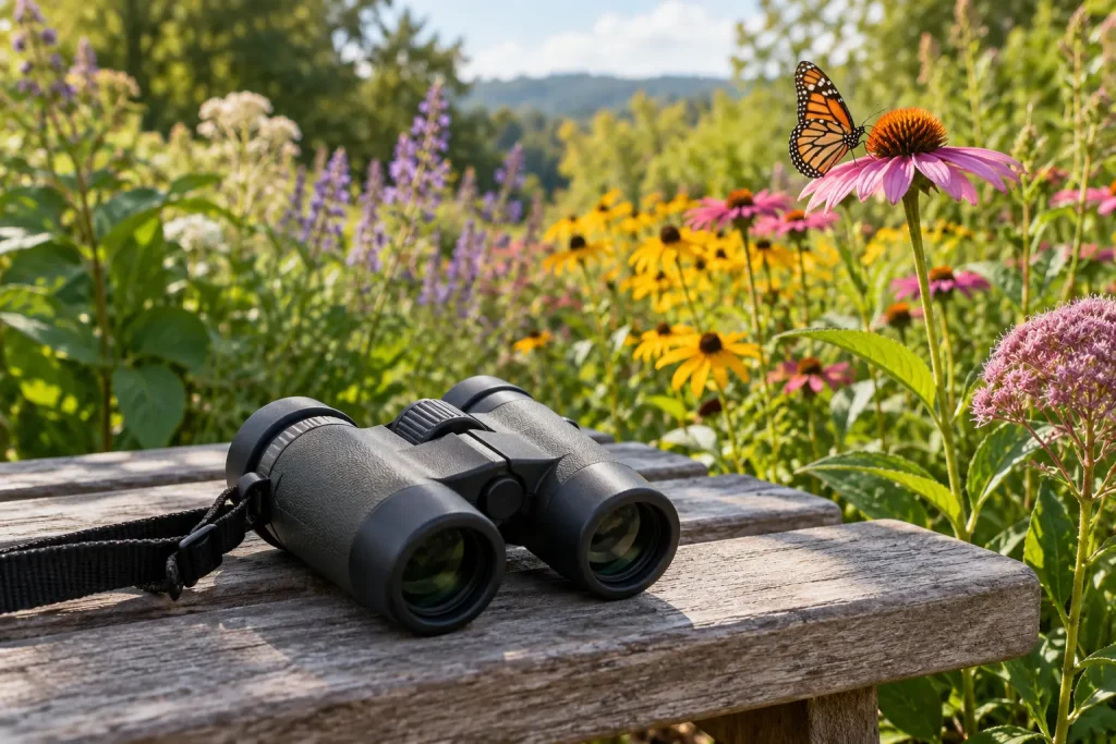 Compact binoculars near flowers and a butterfly in a garden