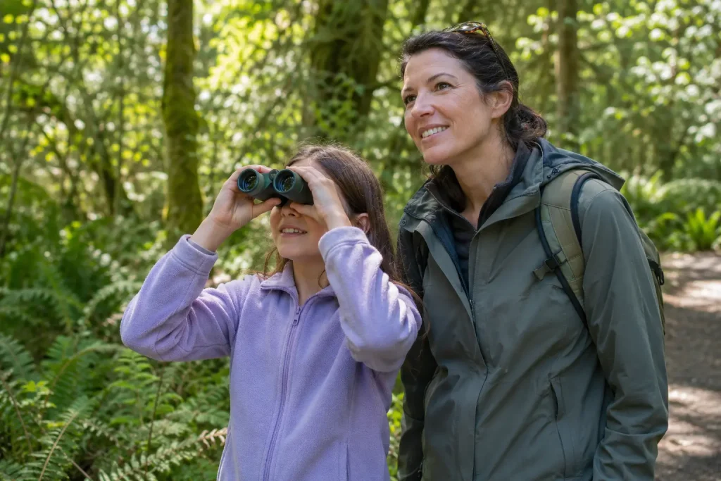 An adult supervising a child using compact binoculars on a park trail